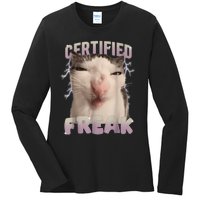 Meme Cat Certified Freak Eat Cement Cursed Cat Funny Ladies Long Sleeve Shirt