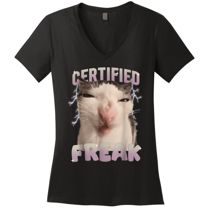 Meme Cat Certified Freak Eat Cement Cursed Cat Funny Women's V-Neck T-Shirt