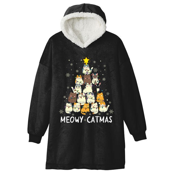 Meowy Catmas Cat Christmas Tree Xmas Funny Santa Hooded Wearable Blanket