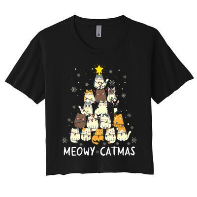 Meowy Catmas Cat Christmas Tree Xmas Funny Santa Women's Crop Top Tee