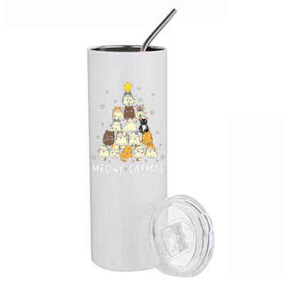 Meowy Catmas Cat Christmas Tree Xmas Funny Santa Stainless Steel Tumbler