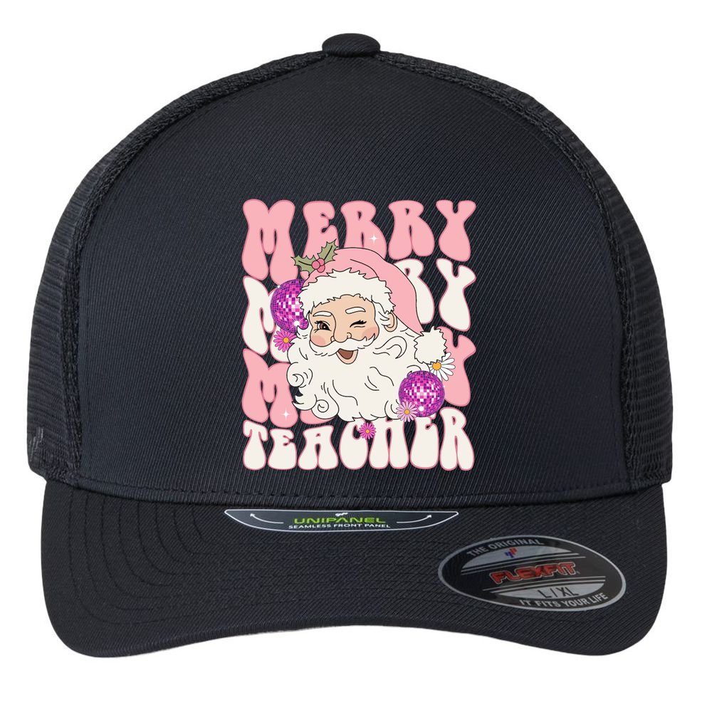 Merry Christmas Cute Teacher Disco Santa Flexfit Unipanel Trucker Cap