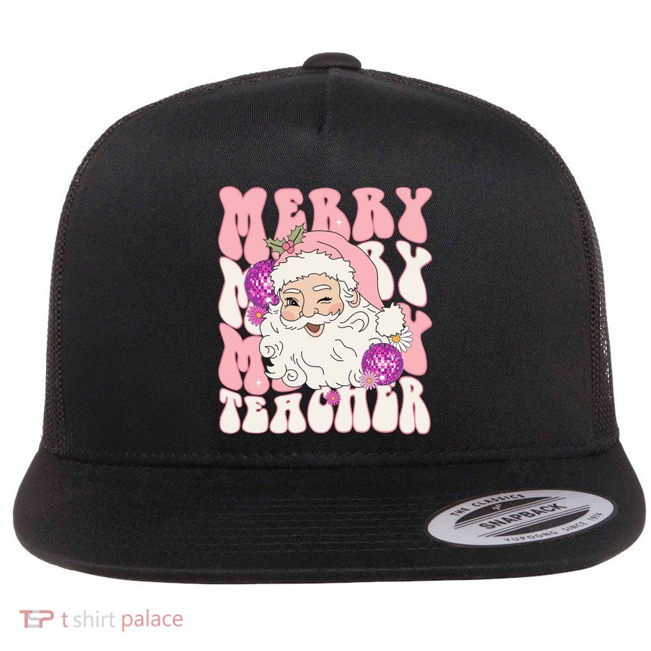 Merry Christmas Cute Teacher Disco Santa Flat Bill Trucker Hat
