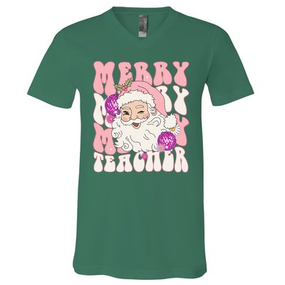 Merry Christmas Cute Teacher Disco Santa V-Neck T-Shirt