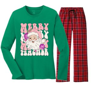 Merry Christmas Cute Teacher Disco Santa Women's Long Sleeve Flannel Pajama Set 