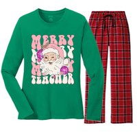 Merry Christmas Cute Teacher Disco Santa Women's Long Sleeve Flannel Pajama Set 