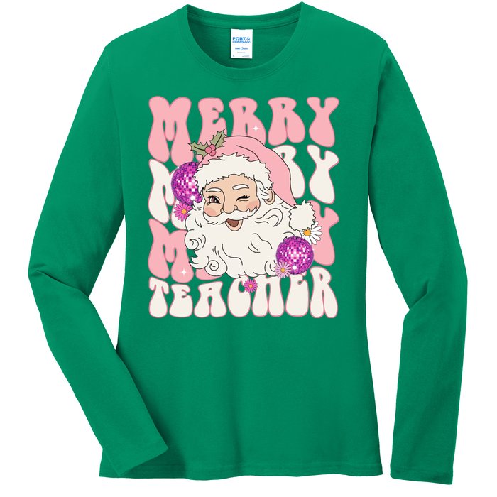 Merry Christmas Cute Teacher Disco Santa Ladies Long Sleeve Shirt