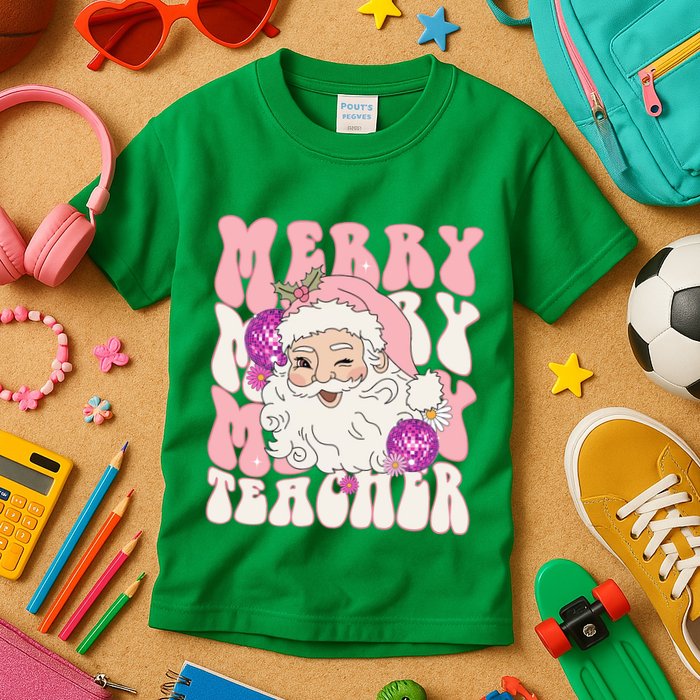 Merry Christmas Cute Teacher Disco Santa Kids T-Shirt
