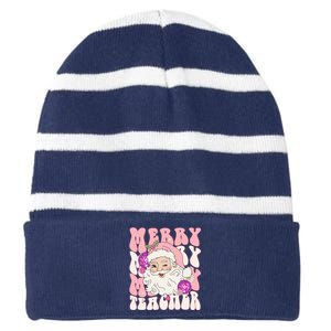 Merry Christmas Cute Teacher Disco Santa Striped Beanie with Solid Band