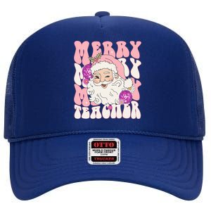 Merry Christmas Cute Teacher Disco Santa High Crown Mesh Back Trucker Hat