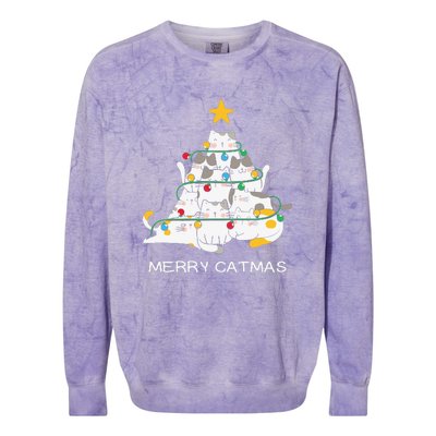 Merry Catmas Cat Christmas Tree Lights Funny Xmas Colorblast Crewneck Sweatshirt