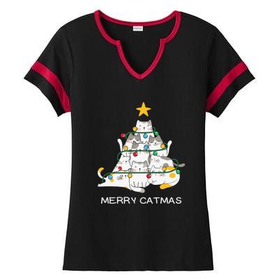 Merry Catmas Cat Christmas Tree Lights Funny Xmas Ladies Halftime Notch Neck Tee