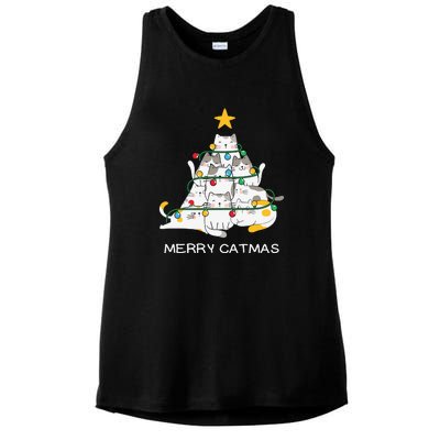 Merry Catmas Cat Christmas Tree Lights Funny Xmas Ladies PosiCharge Tri-Blend Wicking Tank