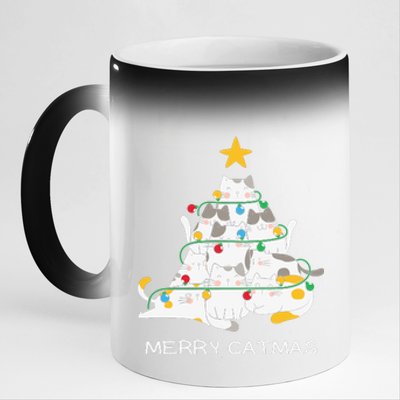 Merry Catmas Cat Christmas Tree Lights Funny Xmas 11oz Black Color Changing Mug