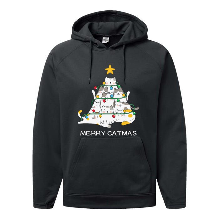 Merry Catmas Cat Christmas Tree Lights Funny Xmas Performance Fleece Hoodie