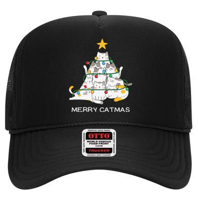 Merry Catmas Cat Christmas Tree Lights Funny Xmas High Crown Mesh Back Trucker Hat