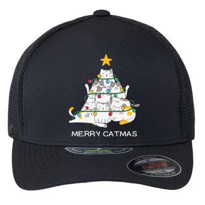 Merry Catmas Cat Christmas Tree Lights Funny Xmas Flexfit Unipanel Trucker Cap