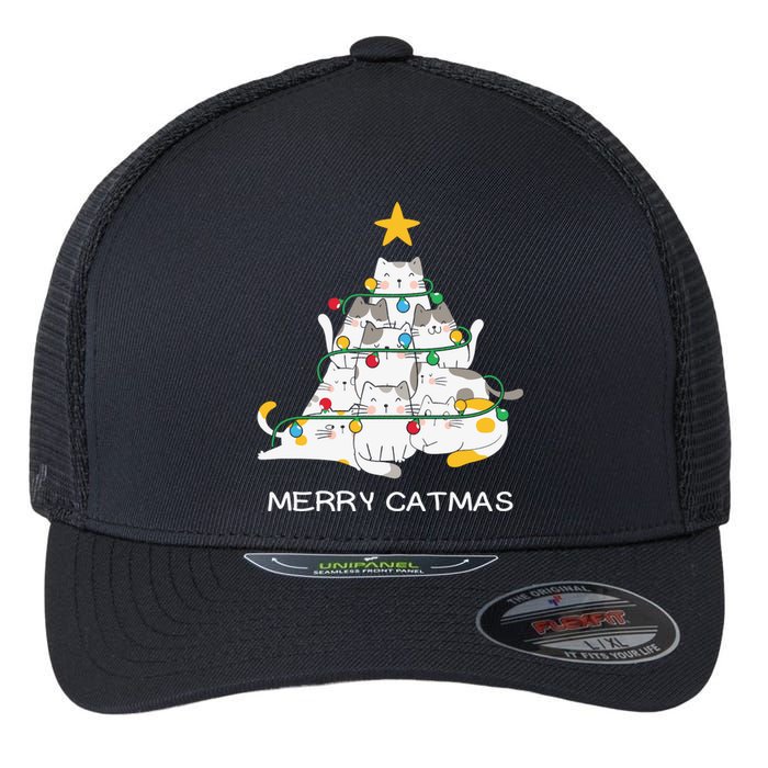 Merry Catmas Cat Christmas Tree Lights Funny Xmas Flexfit Unipanel Trucker Cap