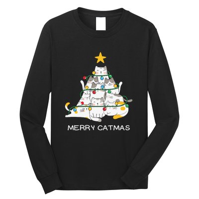 Merry Catmas Cat Christmas Tree Lights Funny Xmas Long Sleeve Shirt