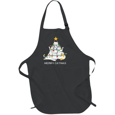 Merry Catmas Cat Christmas Tree Lights Funny Xmas Full-Length Apron With Pockets