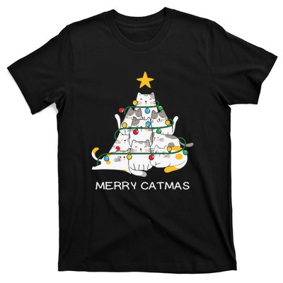 Merry Catmas Cat Christmas Tree Lights Funny Xmas T-Shirt