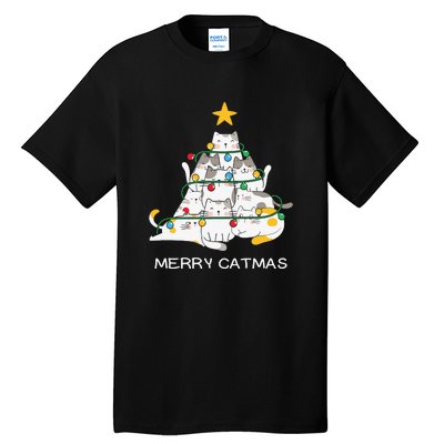 Merry Catmas Cat Christmas Tree Lights Funny Xmas Tall T-Shirt