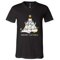 Merry Catmas Cat Christmas Tree Lights Funny Xmas V-Neck T-Shirt