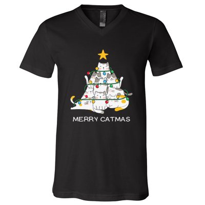 Merry Catmas Cat Christmas Tree Lights Funny Xmas V-Neck T-Shirt