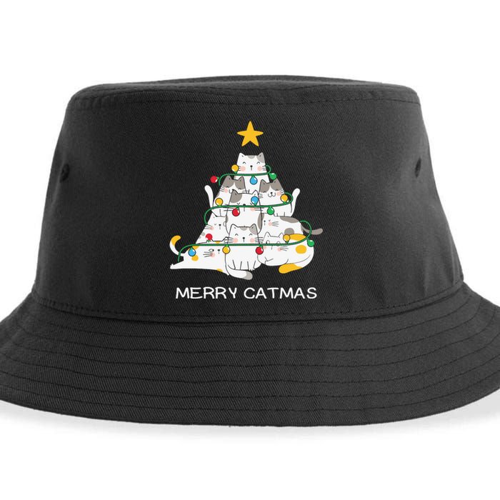 Merry Catmas Cat Christmas Tree Lights Funny Xmas Sustainable Bucket Hat