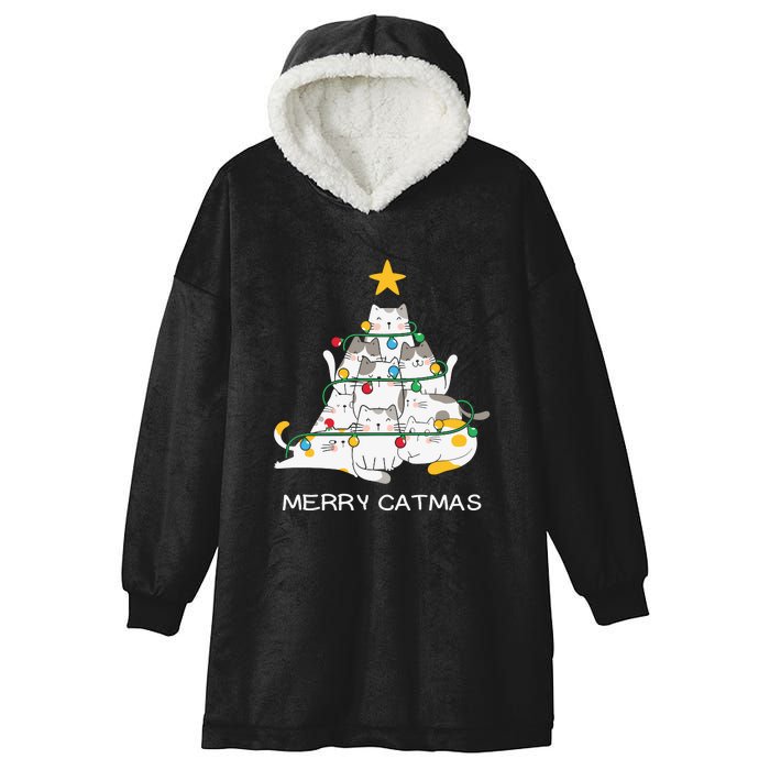 Merry Catmas Cat Christmas Tree Lights Funny Xmas Hooded Wearable Blanket