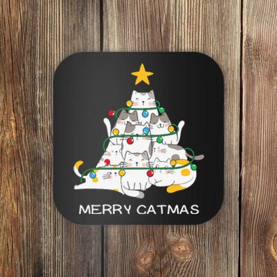 Merry Catmas Cat Christmas Tree Lights Funny Xmas Coaster