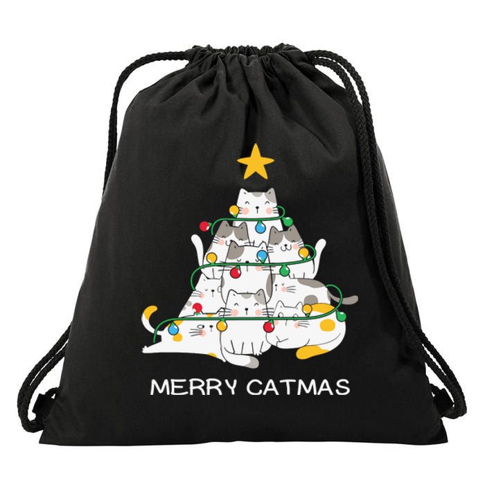 Merry Catmas Cat Christmas Tree Lights Funny Xmas Drawstring Bag