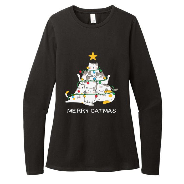 Merry Catmas Cat Christmas Tree Lights Funny Xmas Womens CVC Long Sleeve Shirt