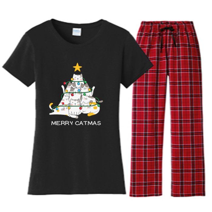 Merry Catmas Cat Christmas Tree Lights Funny Xmas Women's Flannel Pajama Set