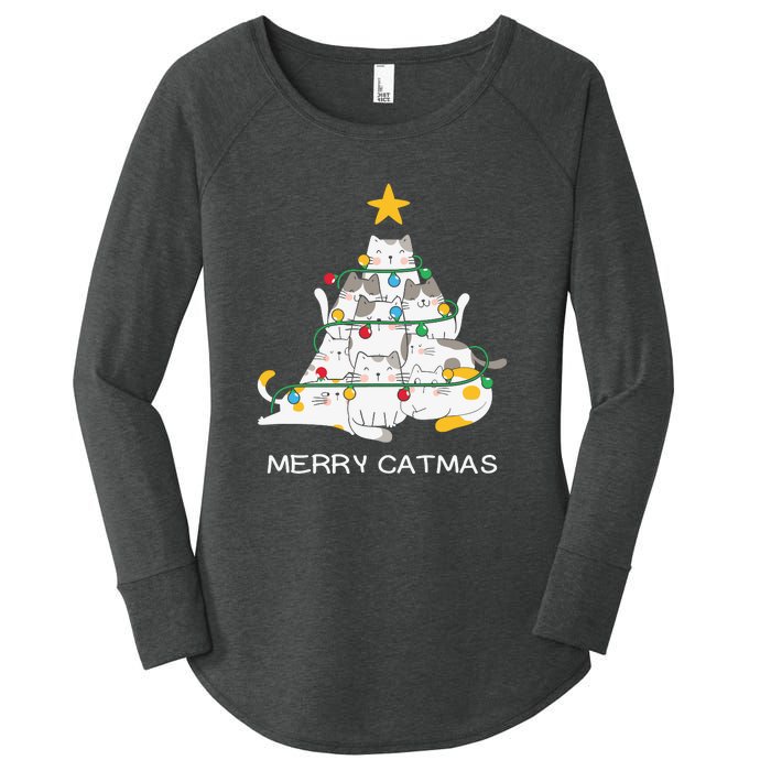 Merry Catmas Cat Christmas Tree Lights Funny Xmas Women's Perfect Tri Tunic Long Sleeve Shirt