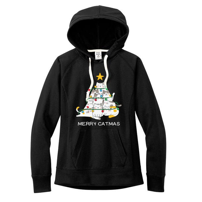 Merry Catmas Cat Christmas Tree Lights Funny Xmas Women's Fleece Hoodie