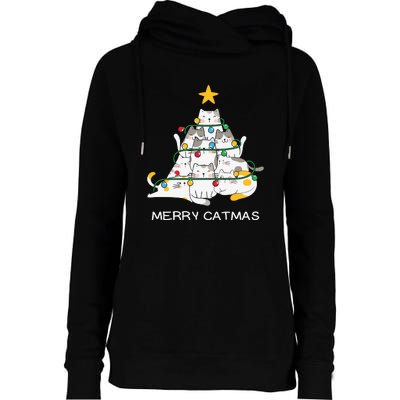 Merry Catmas Cat Christmas Tree Lights Funny Xmas Womens Funnel Neck Pullover Hood