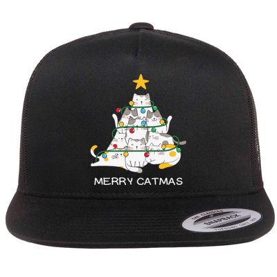 Merry Catmas Cat Christmas Tree Lights Funny Xmas Flat Bill Trucker Hat