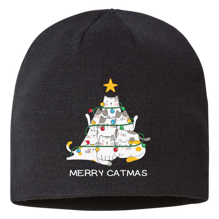 Merry Catmas Cat Christmas Tree Lights Funny Xmas Sustainable Beanie