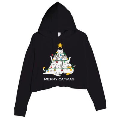 Merry Catmas Cat Christmas Tree Lights Funny Xmas Crop Fleece Hoodie