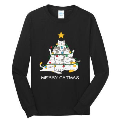 Merry Catmas Cat Christmas Tree Lights Funny Xmas Tall Long Sleeve T-Shirt