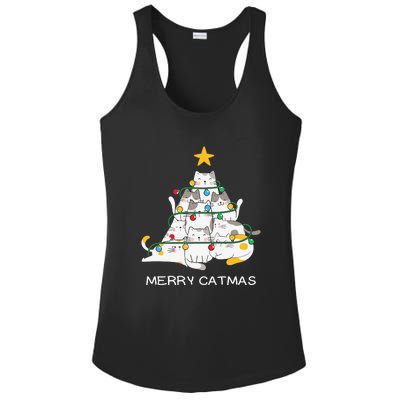 Merry Catmas Cat Christmas Tree Lights Funny Xmas Ladies PosiCharge Competitor Racerback Tank