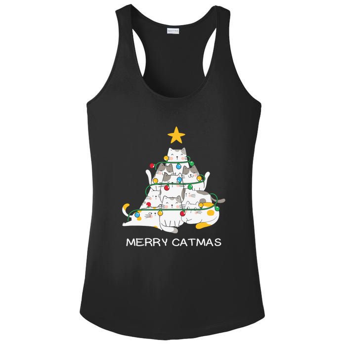 Merry Catmas Cat Christmas Tree Lights Funny Xmas Ladies PosiCharge Competitor Racerback Tank