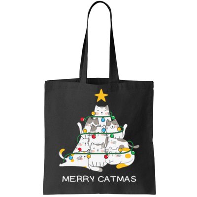 Merry Catmas Cat Christmas Tree Lights Funny Xmas Tote Bag