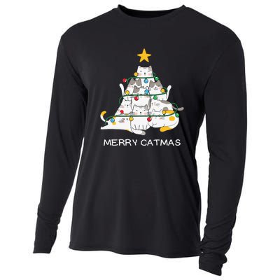 Merry Catmas Cat Christmas Tree Lights Funny Xmas Cooling Performance Long Sleeve Crew