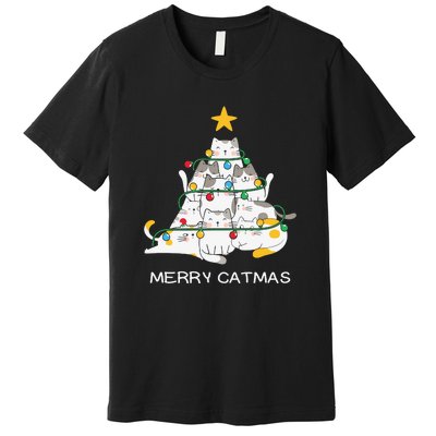 Merry Catmas Cat Christmas Tree Lights Funny Xmas Premium T-Shirt