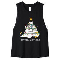 Merry Catmas Cat Christmas Tree Lights Funny Xmas Women's Racerback Cropped Tank