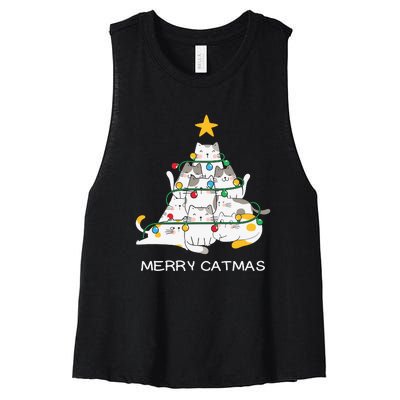 Merry Catmas Cat Christmas Tree Lights Funny Xmas Women's Racerback Cropped Tank