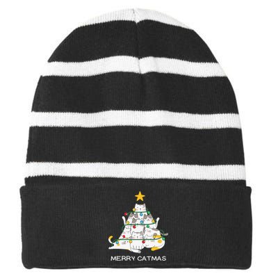 Merry Catmas Cat Christmas Tree Lights Funny Xmas Striped Beanie with Solid Band