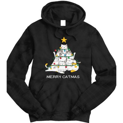 Merry Catmas Cat Christmas Tree Lights Funny Xmas Tie Dye Hoodie